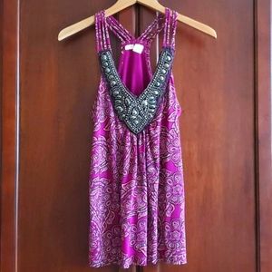 Girl Fuchsia Printed Beaded Top